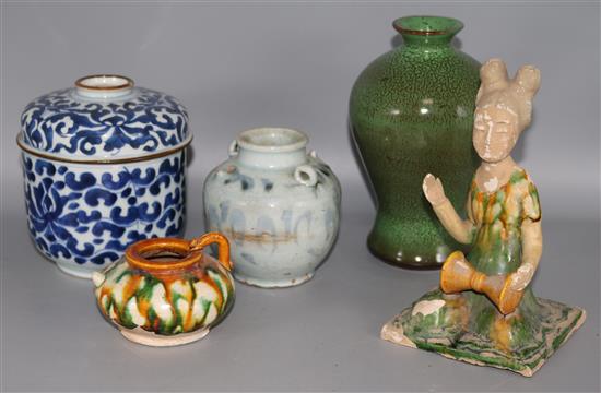 A Tang style figure & jar,Kangxi blue & white jar & cover & a Korean? blue & white ewer etc.